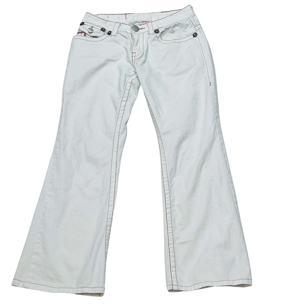 True Religion Joey Big T Flared Jeans White Gild Stitch Women 28W x 27L Used - Picture 1 of 11